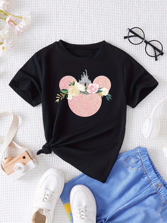 Sweet Girls Flower Graphic Mouse Print Short Sleeve T-shirt - Summer Clothes Gift with Sparkling Sequin Design
