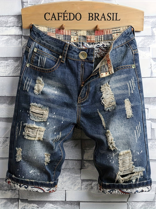 Men's Loose Solid Ripped Denim Shorts